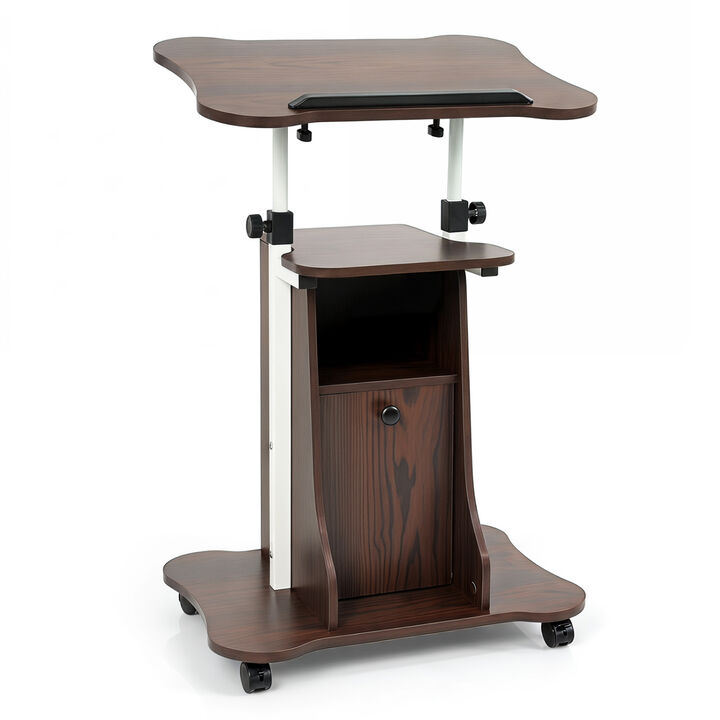 Mobile Standing Desk Cart with Adjustable Height, Tilt Desktop and Cabinet
