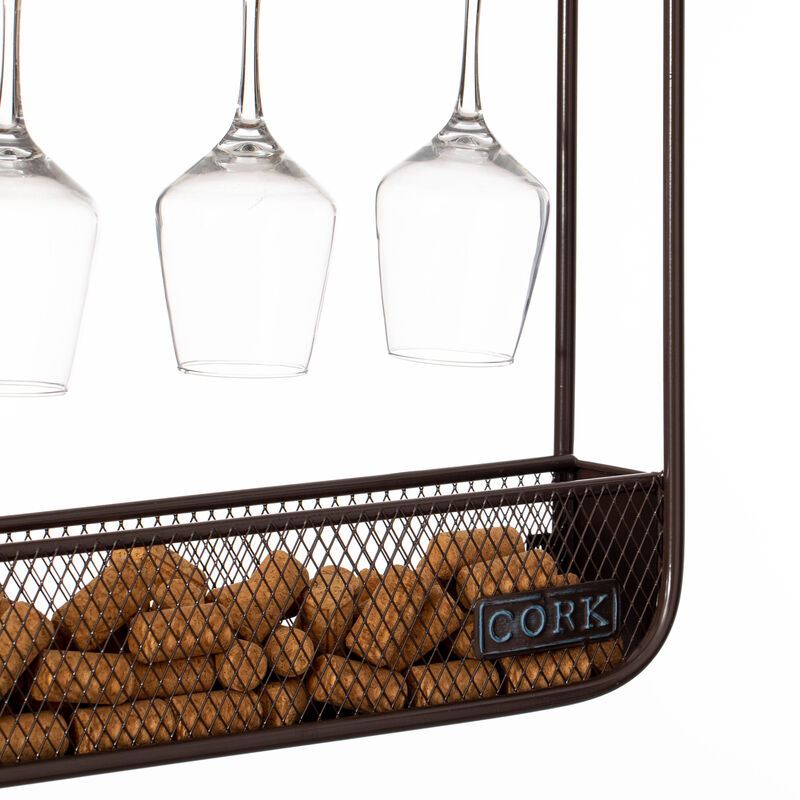 Vintiquewise Vintage-Inspired Decorative Metal Wall-Mounted Wine Rack with Cork and Wine Glass Holder, Featuring a Floorstanding Display Option for Versatile and Stylish Wine Storage, Brown