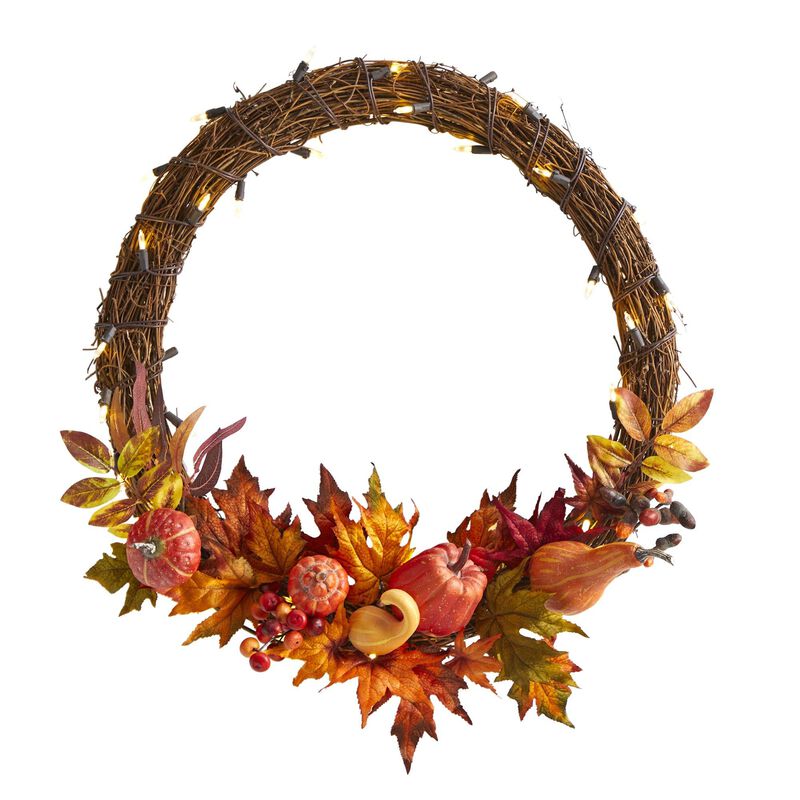 Nearly Natural 22-in Pumpkin and Maple  Autumn Wreath w/50 White LED Lights