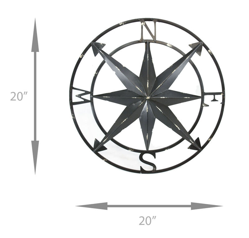 20 Inch Distressed Black Finish Metal Compass Rose Nautical Wall Hanging image number 1