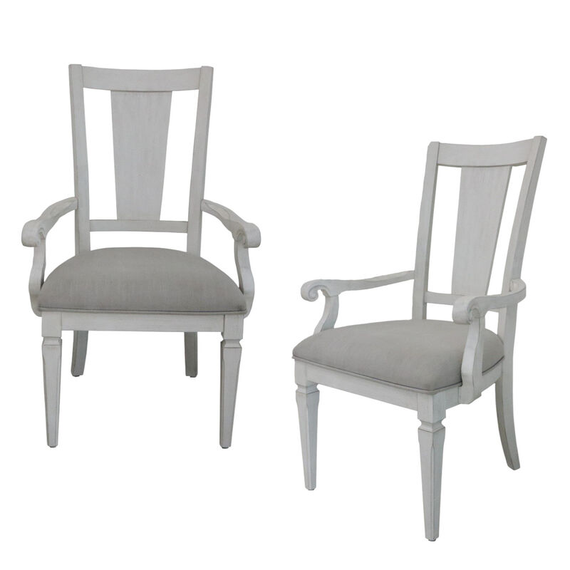 HomeRoots Set of Two Light Gray and White Upholstered Linen And Solid Wood Open Back Dining Arm Chairs image number 0