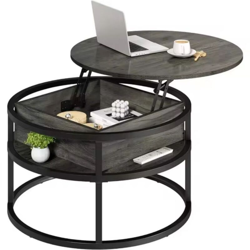 Round Lift Top Coffee Table with Hidden Storage Compartment for Home, Office, Living Room,Grey