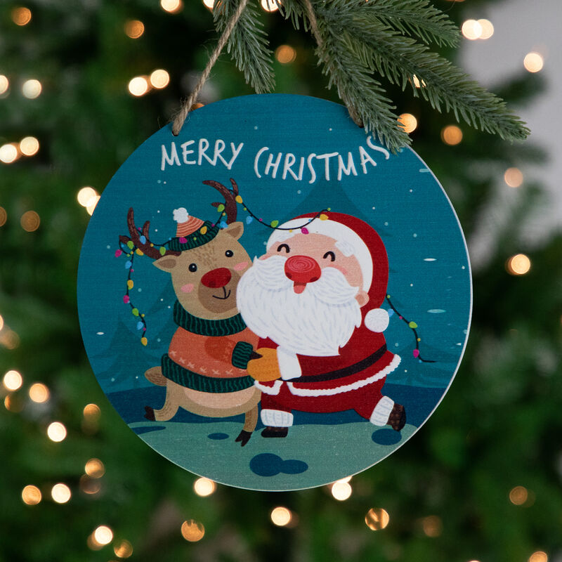 8" Santa and Reindeer "Merry Christmas" Disc Ornament image number 1