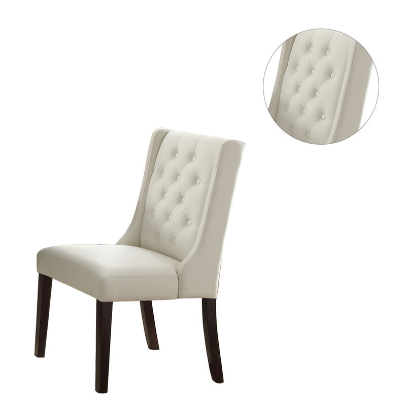 White Faux Leather Dining Chairs With Button Tufted Back, Set Of 2