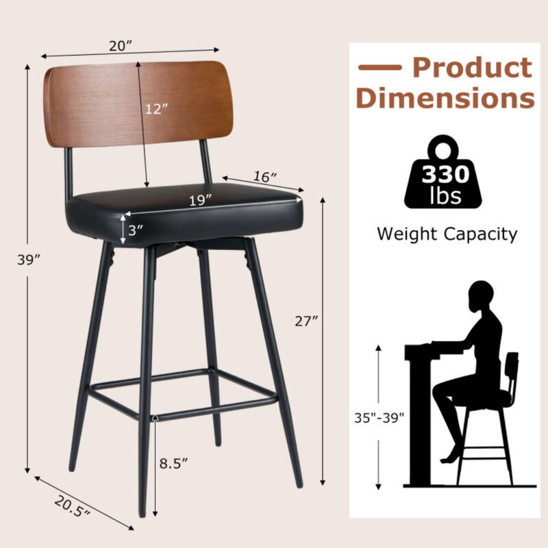 Set of 2 Counter Bar Stools with Padded Seats and Metal Legs image number 2