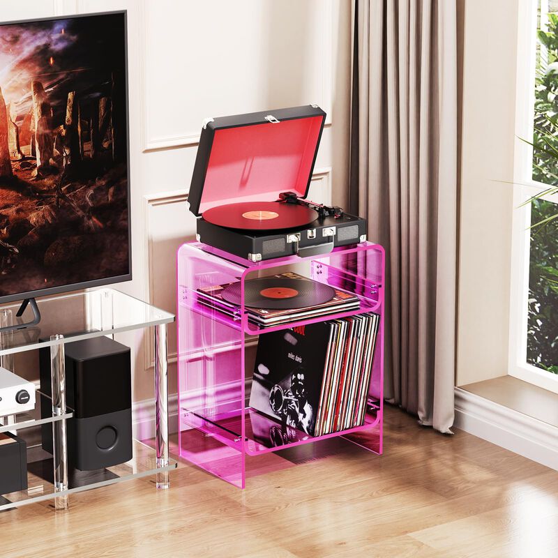 Acrylic Record Player Table with Storage Shelf, Clear Side Table Nightstand (Pink)