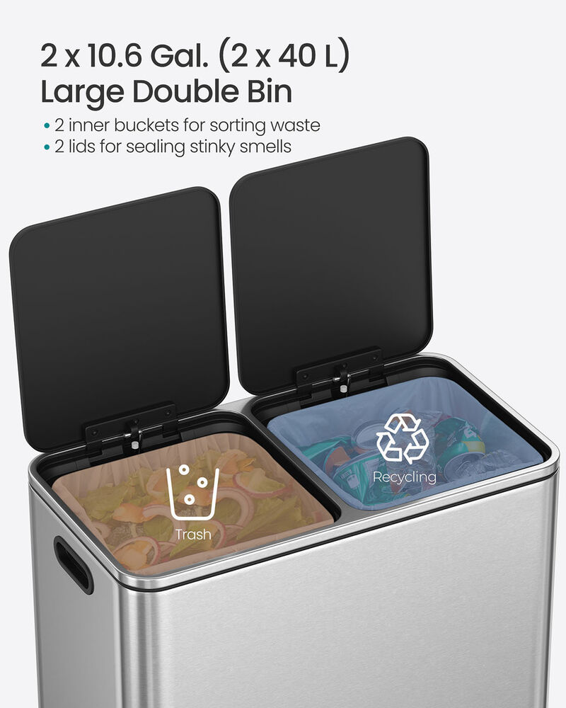 2 x 10.6 Gallon Kitchen Trash Can Set Dual 40L Garbage Bins image number 4