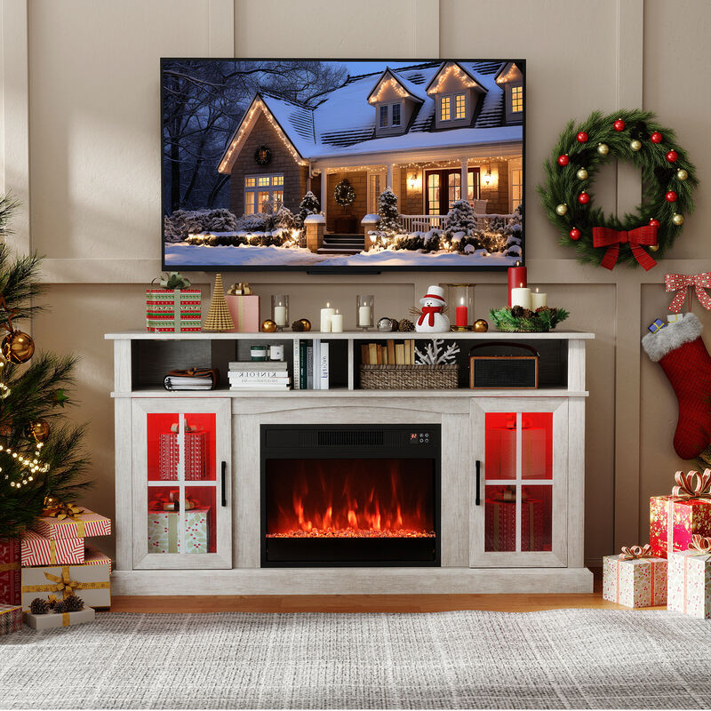 TV Stand with Built-In Fireplace, LED Lighting, Storage Cabinets, and Glass Doors image number 7