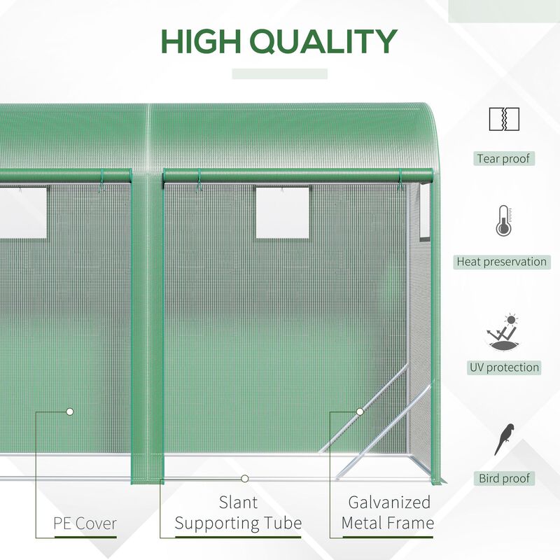 Outsunny 10' x 3' x 7' Walk-in Lean-to Greenhouse, Steel, 4 Zipper Roll-up Windows & 2 Doors, UV Protecting PE Cover for Growing Flowers, Vegetables, Tropical Plants, Saplings, Succulents, Green