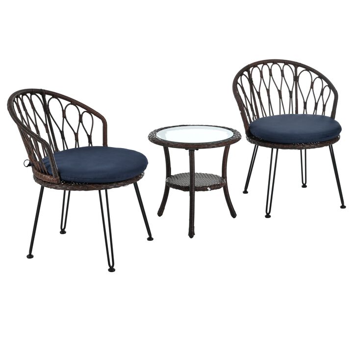 Mondawe 2 Pieces Outdoor Table And Chair Set,W/ Rattan Chairs And Round Glass Table Patio Garden Set