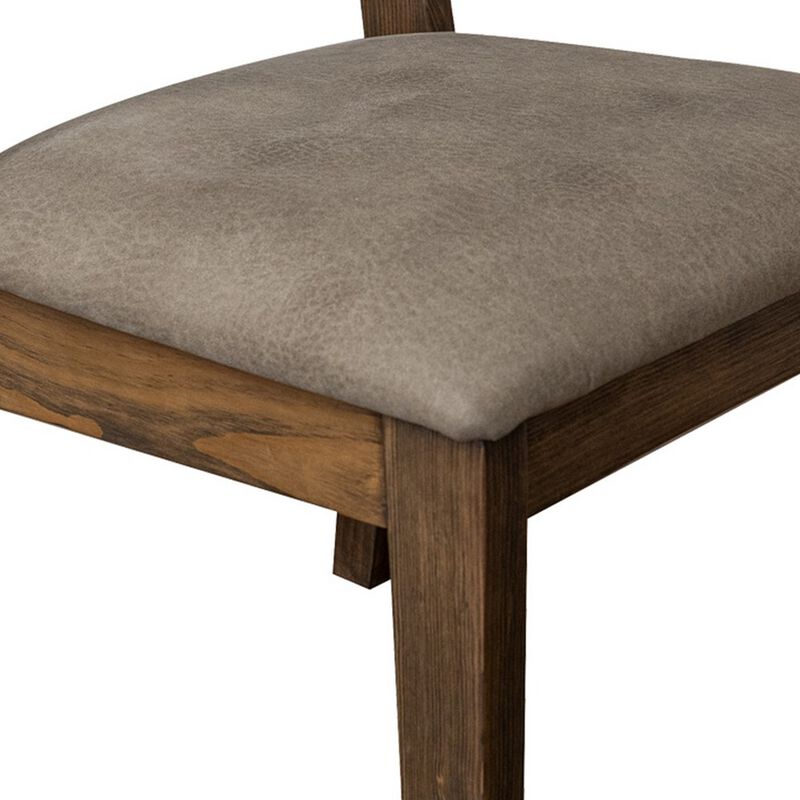 Loe Dining Side Chair Set of 2, Panel Backrest, Gray Faux Leather, Brown - Benzara