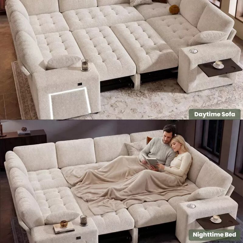 Vipbear 110" Modular Sectional Sleeper Sofa, 8-Seater Chenille U-Shaped Couch with Pull-Out Beds image number 4