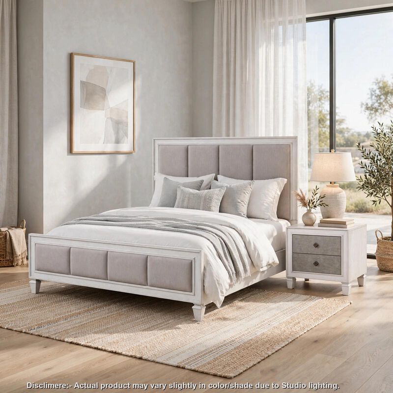 2pc King Bedroom Set, Upholstered Design, Gray and White, Nightstand image number 8