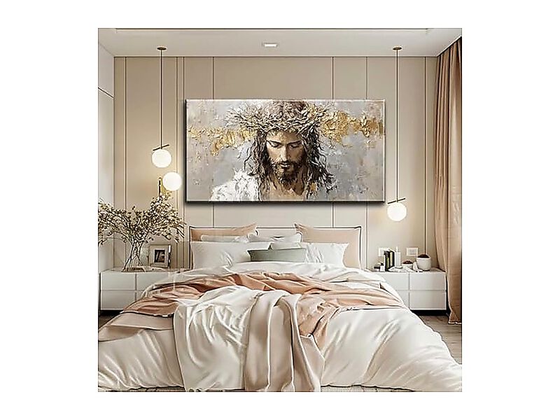 Large Jesus Portrait Canvas Wall Art Abstract Gold Thorns Decor Beige Gray God image number 2