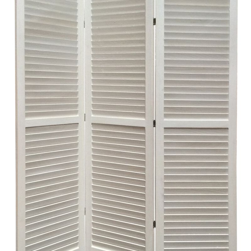 3 Panel Foldable Wooden Shutter Screen with Straight Legs, White-Benzara