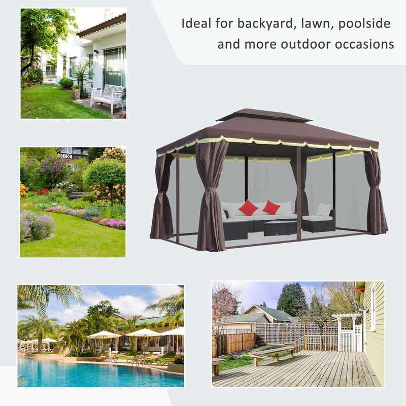 Coffee-Colored Haven: 10'x13' Patio Gazebo with Vented 2-Tier Roof & Mesh Walls