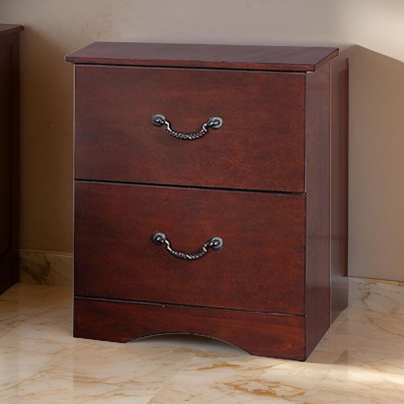 Bran 27 Inch 2 Drawer Nightstand, Pine Wood, Grain Details, Cherry Brown - Benzara