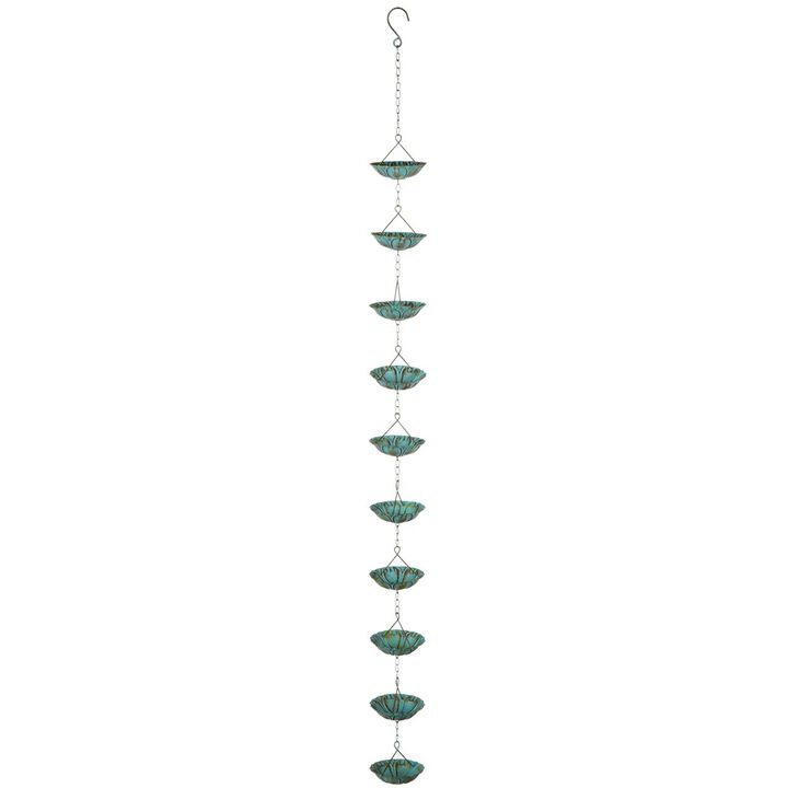 Set of 2 Arctic Blue Patina Wide Flower Cup Iron Rain Chains 58"