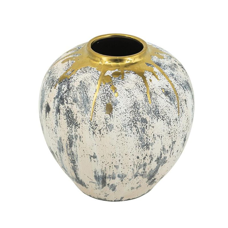 HomeRoots 12" Gray Ivory And Gold Modern Abstract Ceramic Table Vase image number 0