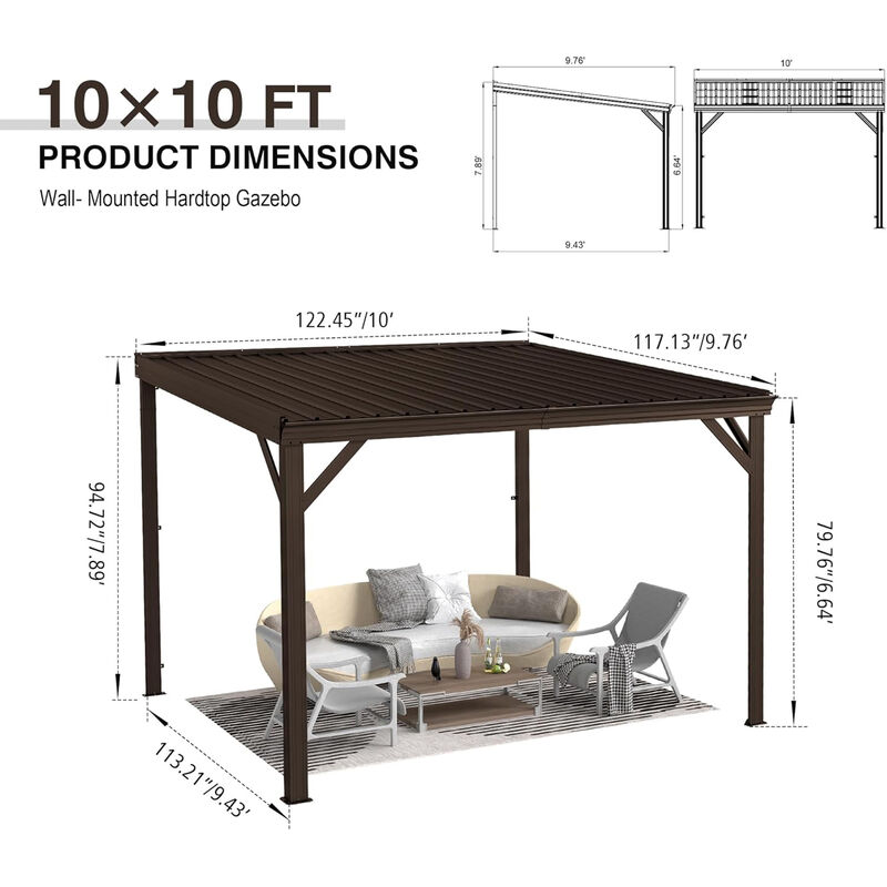 10X10FT Wall Mounted Gazebos Pergola with Built in Drainage System, Galvanized Steel Roof Hardtop Patio Shelter, Gray image number 2