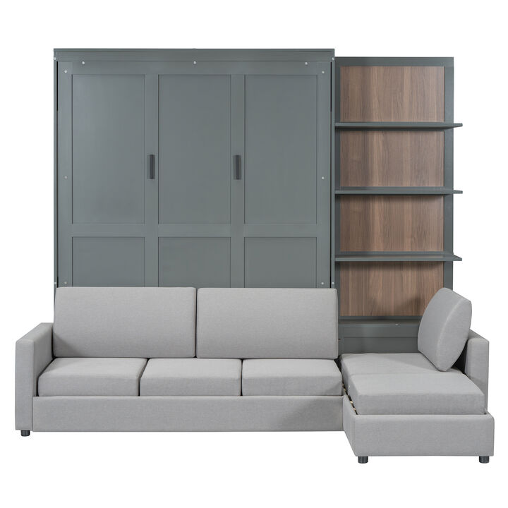 Whisen Queen Size Murphy Bed Wall Bed with Sofa and Shelves