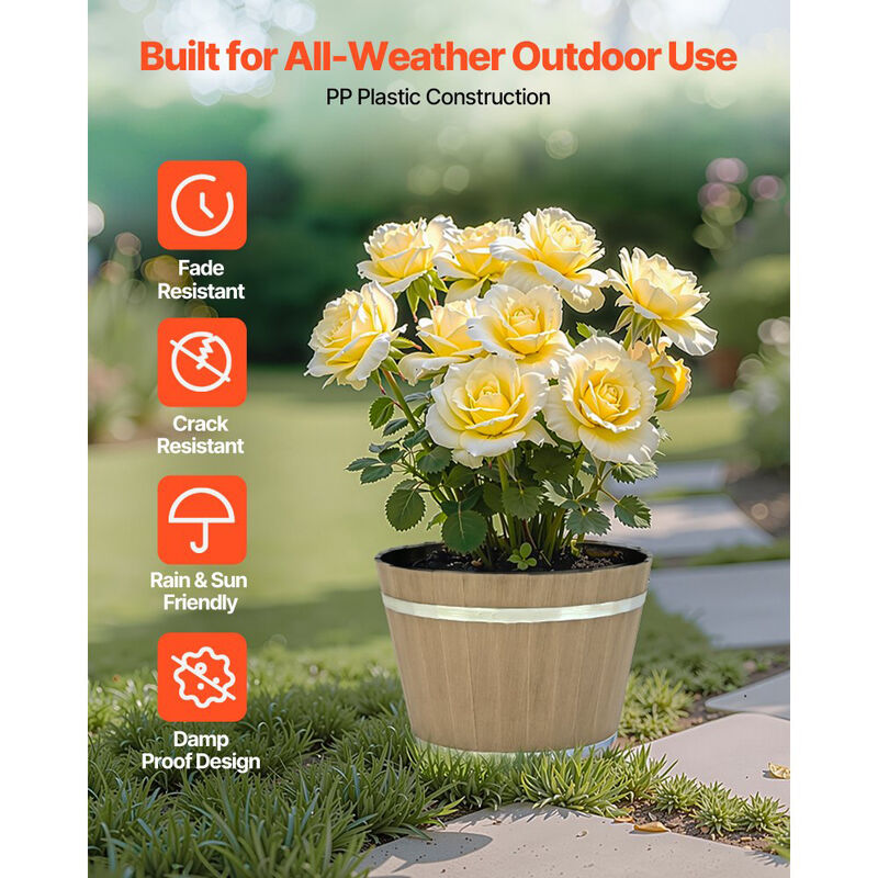4 Pack Large Plastic Planters with Drainage, Whiskey Barrel Design Flower Pots-Brown image number 3