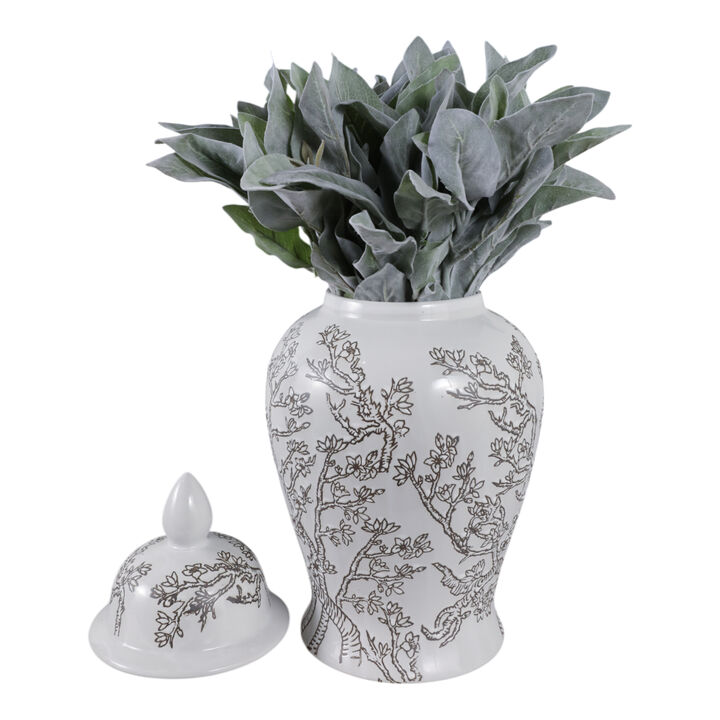 18x9" Cherry Blossom Temple Jar, White/ Brown