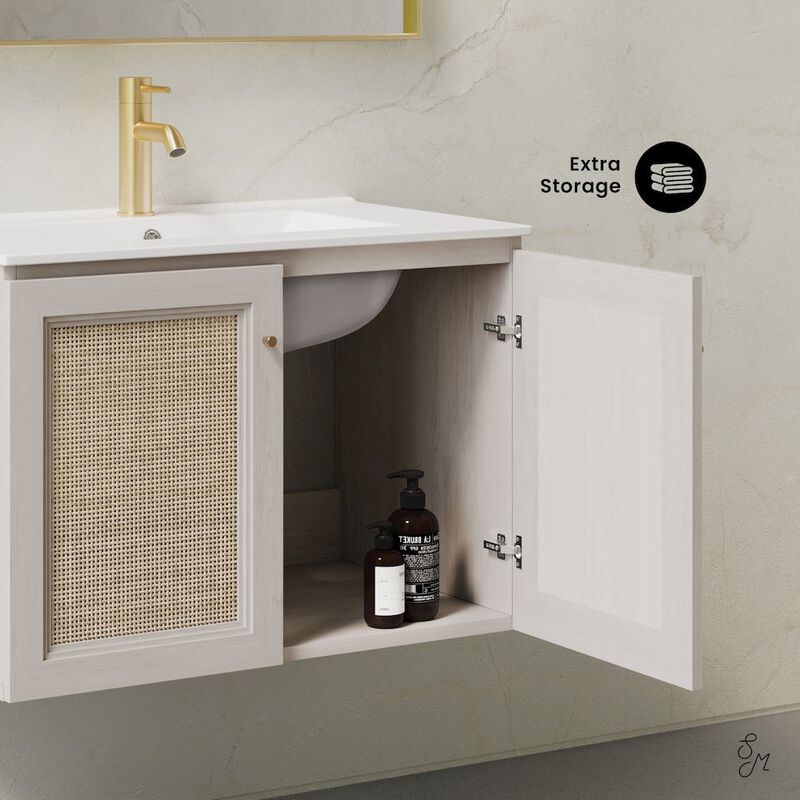 30" Wall-Mounted Bathroom Vanity in White Oak with Single Faucet Hole Vanity Top image number 7
