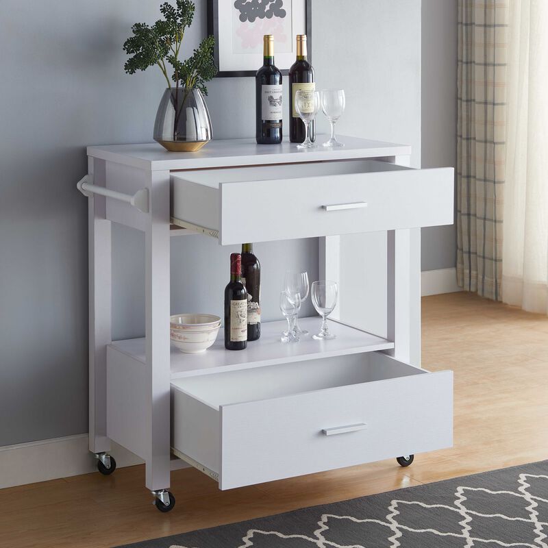 White 4 Wheel Kitchen Cart with 2 Drawers & 2 Tier Display and Storage Unit