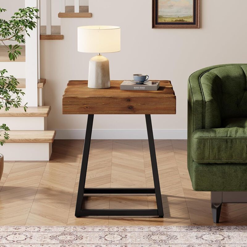 Solid Wood Square End Table, Metal Frame Side Table for Bedroom & Living Room image number 3