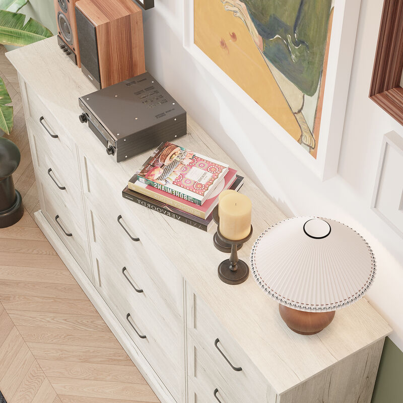 FUFU&GAGA 9-Drawer Dresser, Large Wooden Storage Chest with Black Metal Handles, for Bedroom & Living Room,(70.9" W x 37" H x 15.7" D),Rustic White