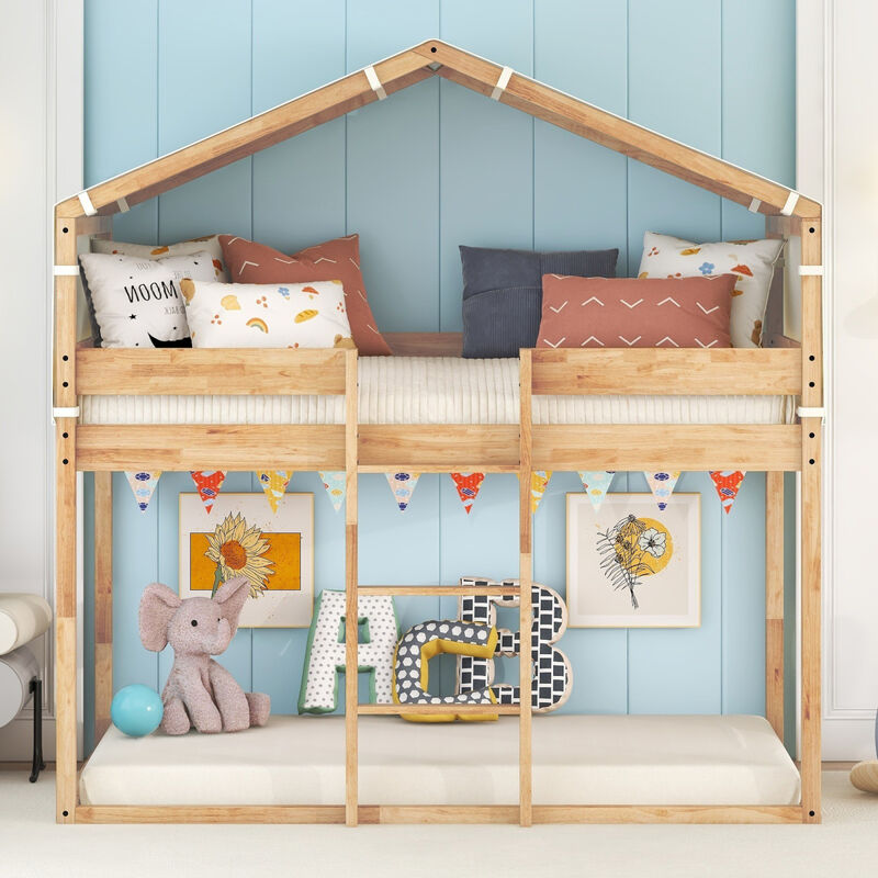 Twin Over Twin Bunk Bed Wood Bed with Tent, Natural