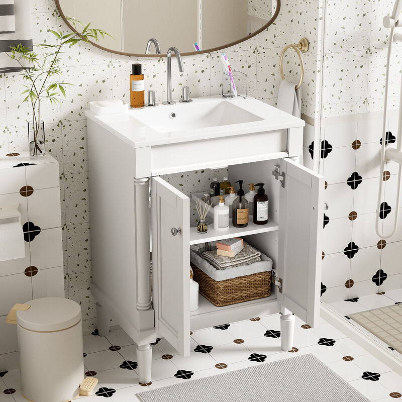 24" Freestanding Bathroom Vanity with Ceramic Sink, 2-Tier Storage Cabinet, 2 Soft-Close Doors image number 2