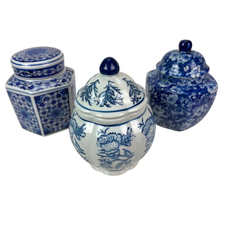 Decorative Jars Set Of 3 Blue White Chinoiserie Porcelain Lidded 675 In