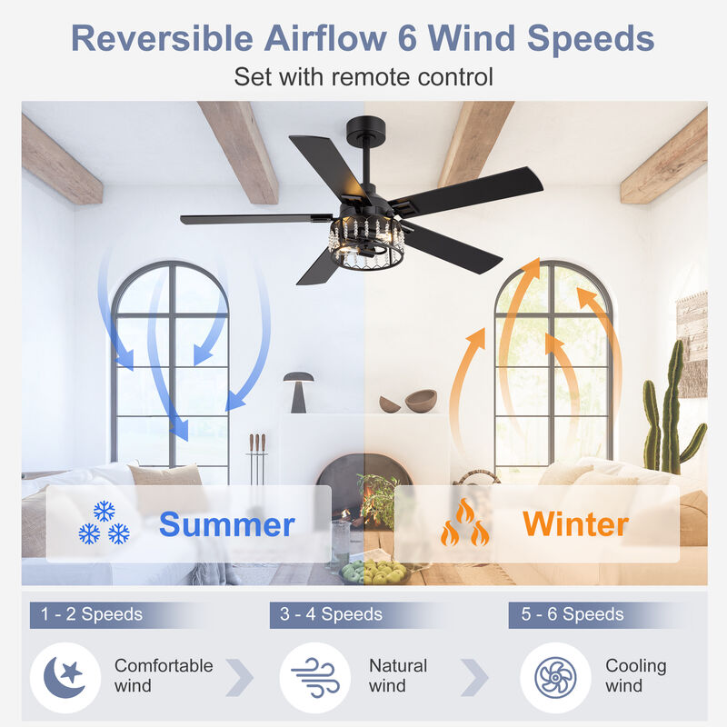 Breezary 52" Crystal Ceiling Fan with Lights, 2-Light E26 Base, DC Motor, 6-Speed Remote, Reversible Grain Blades, Quiet image number 3