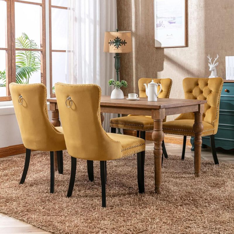 ShipItFurniture Velvet Dining Chairs Gold Finishing Collection Set - 2-Piece High-Back Tufted Velvet Side Chairs, Walnut Legs image number 3