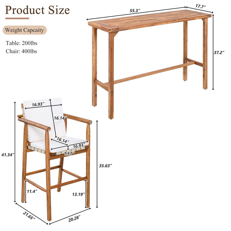 Whisen 3 - Piece Acacia Wood Outdoor Bar Set with Cushions, Patio High - Top Table & 2 Stools for Backyard, Poolside, Balcony image number 9