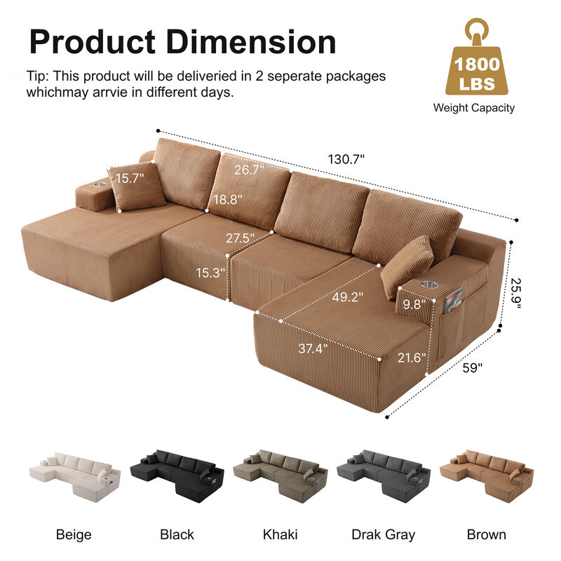Cleblu 130" U-Shaped Modular Sectional Sofa image number 6