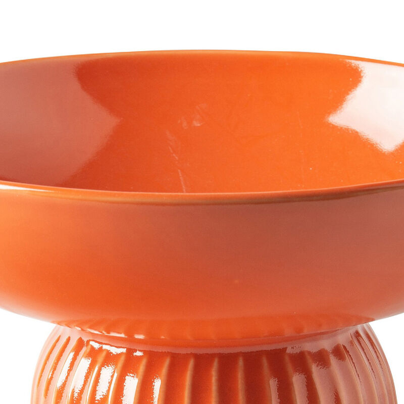 Ribbed Pedestal Fruit Bowl, Wide Basin, Glazed Orange Ceramic 11 Inch image number 5
