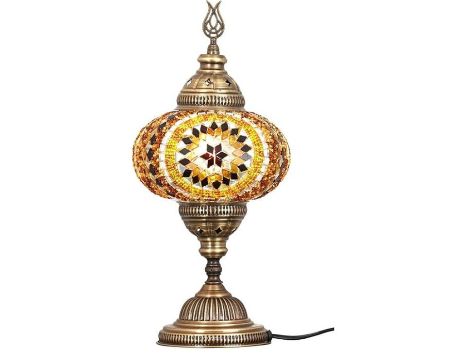 Table Lamp &ndash; 7" Turkish Moroccan Mosaic Globe, Tiffany Glass, 14" Amber Brown