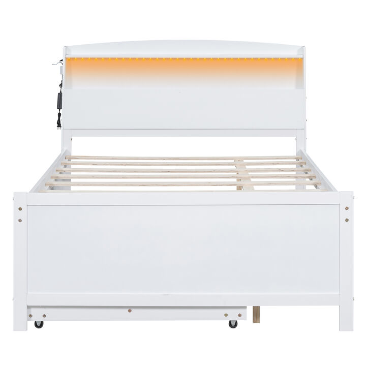 Merax White Platform Bed with LED Headboard, Trundle & Drawers