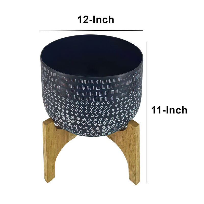 Alex 12 Inch Artisanal Industrial Round Hammered Metal Planter Pot with Wood Arch Stand, Midnight Blue-Benzara