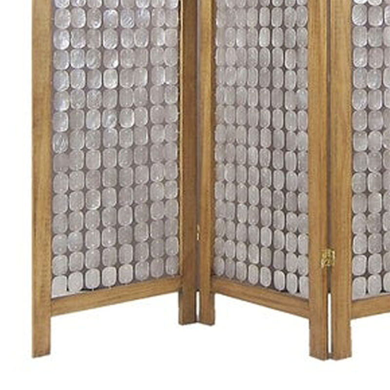 3 Panel Wooden Screen with Pearl Motif Accent, Brown and Silver - Benzara