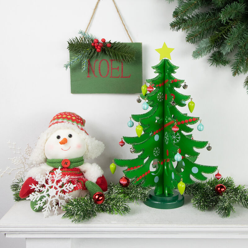 13.75" Green 3-D Wood Christmas Tree with Ornaments Decoration