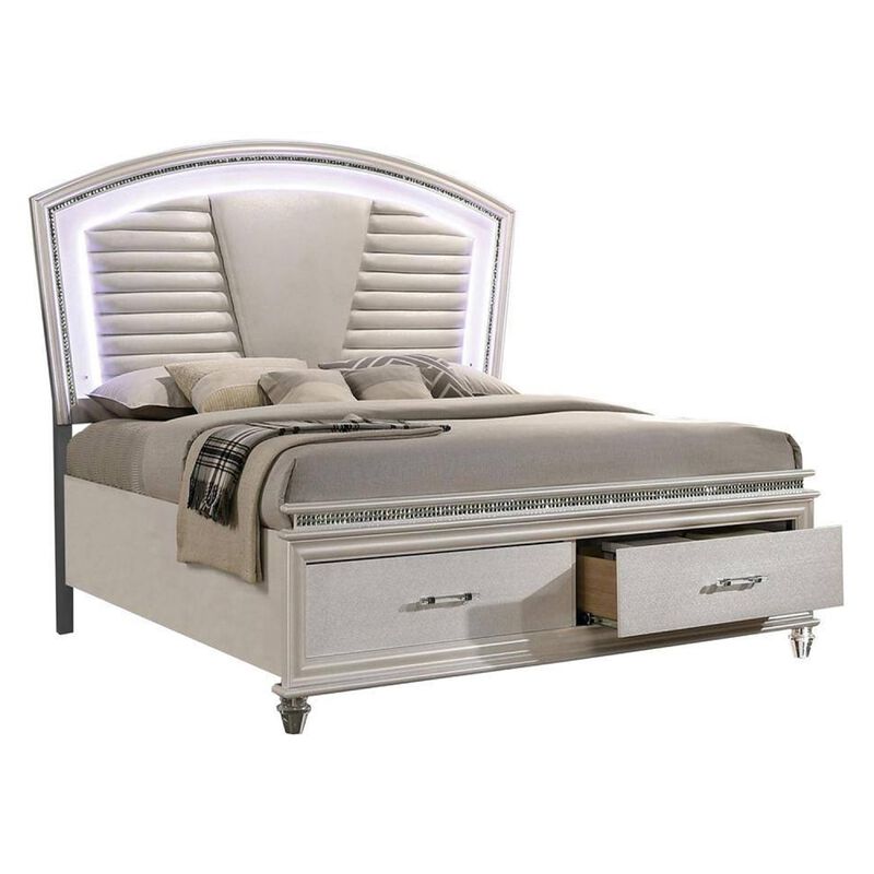 3pc King Bedroom Set, Pearl White, White, Clear, Silver Wood, 2 Nightstands image number 4