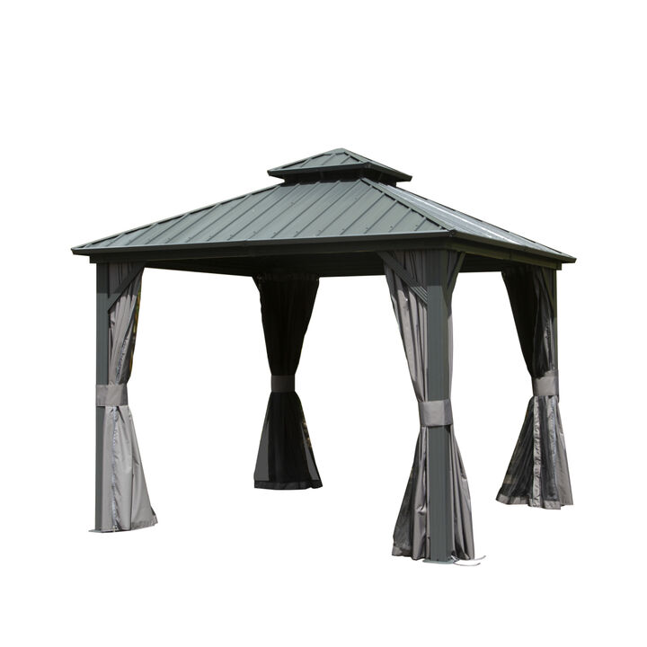 10' X 10' Hardtop Gazebo, Aluminum Metal Gazebo with Galvanized Steel Double Roof Canopy, Curtain and Netting, Permanent Gazebo Pavilion for Patio, Backyard, Deck, Lawn