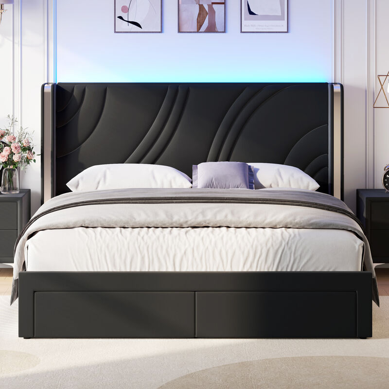 Merax Modern Upholstered LED Bed Frame with Storage Drawers