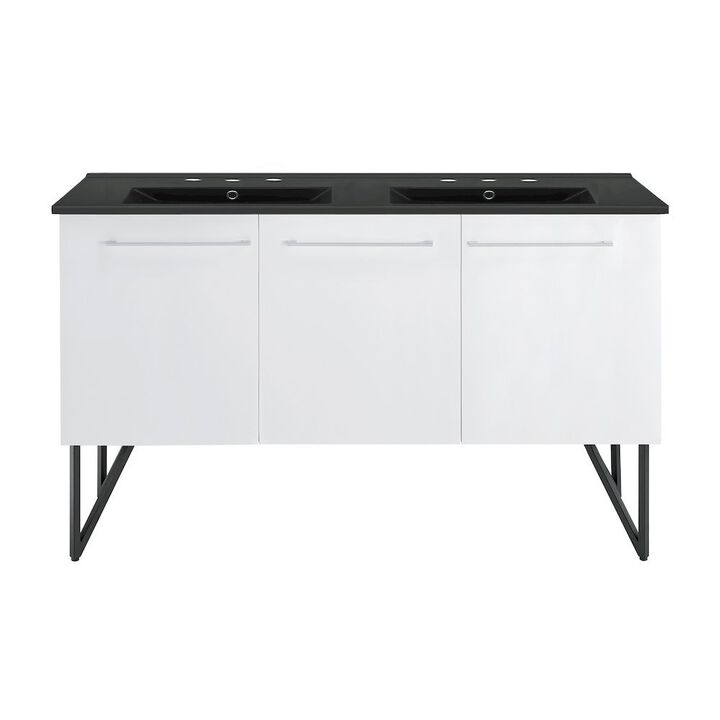 60 in. White, Double Basin Bathroom Vanity, Black, 3-Hole Sink Top