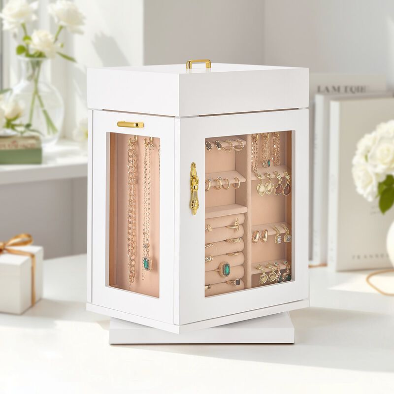 360&deg; Rotating Jewelry Organizer with Built-In Necklace Hooks &ndash; Stylish Storage Box