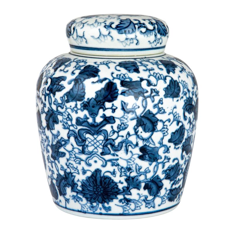 Small Decorative Ceramic Ginger Jar with Lid, Blue and White Floral Pattern image number 3